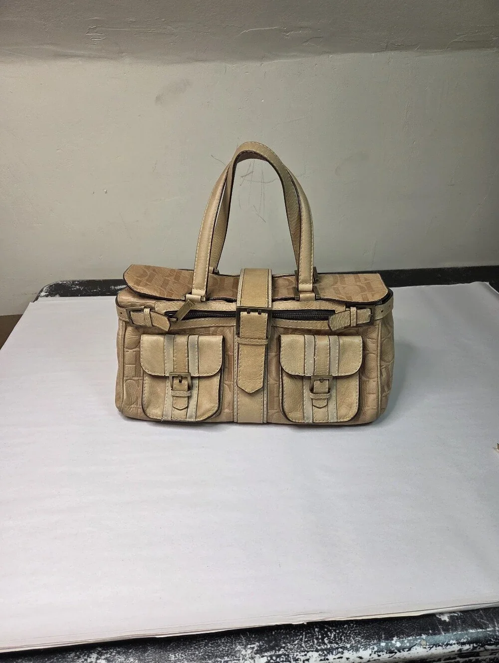 Carolina Herrera Beige Croc-Embossed Leather Satchel with Front Pockets